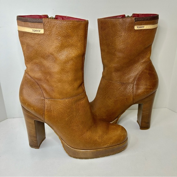 Tommy Hilfiger Shoes - Vintage Tommy Hilfiger 90’s Platform Heel Tan Brown Leather Boots Size 9